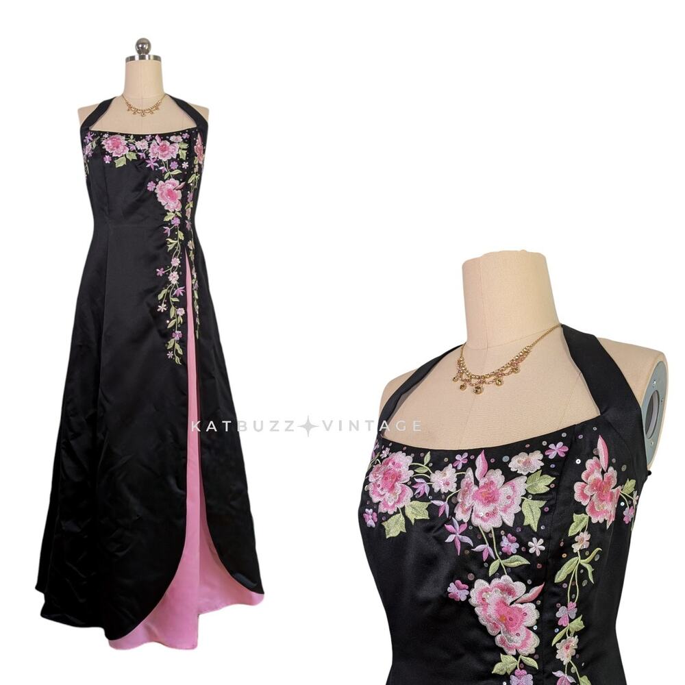 Vintage Prom Dress Maxi Gown 14W Black Pink Floral Fairy Princess 90s Y2K Glam
